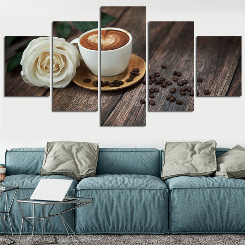 Canvas Pictures Living Room Wall Art 5 Pieces Coffee Cup And Rose Paintings HD Printed Modular Poster Kitchen Home Decor(No Frame)