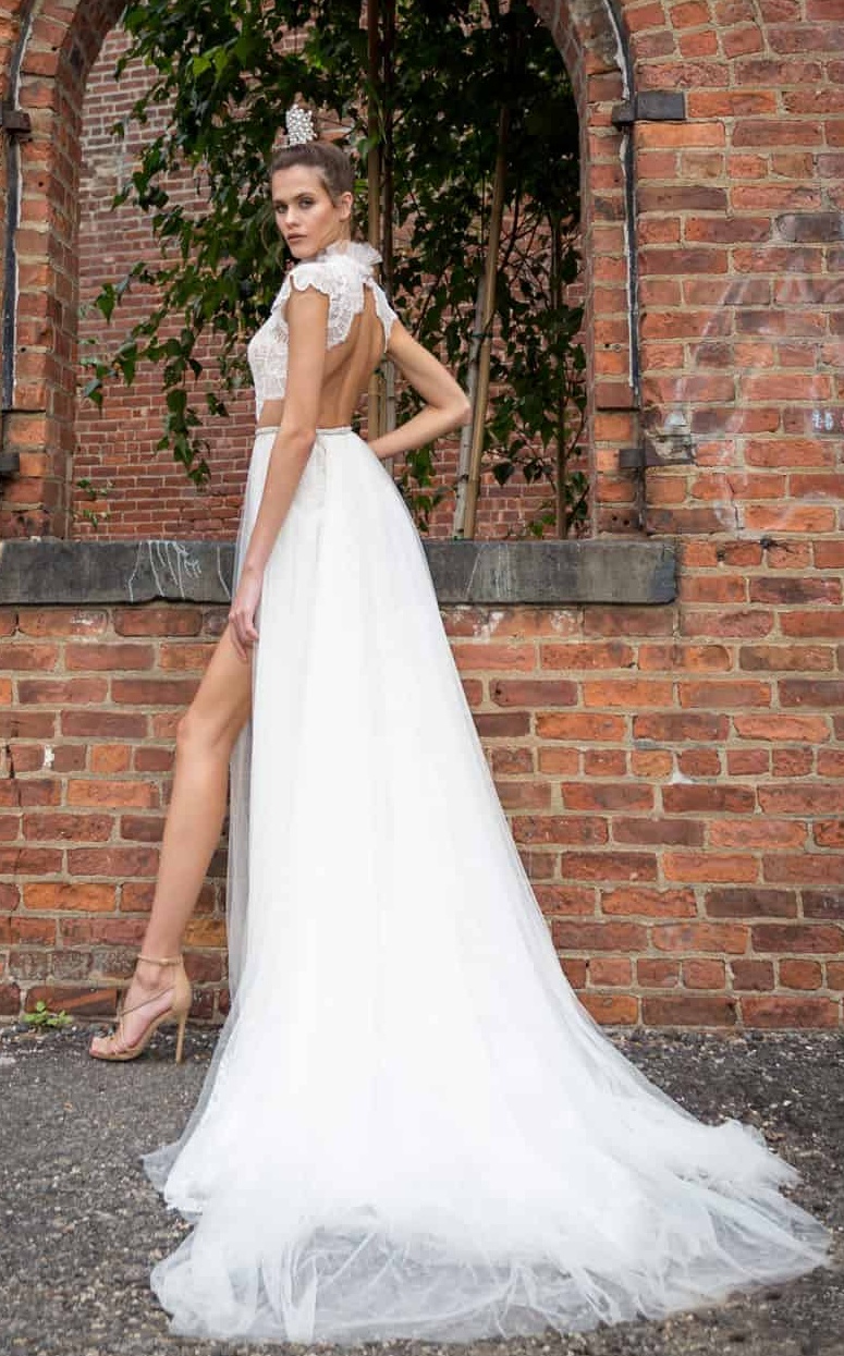 2019 Lace Boho Wedding Dresses Two Pieces High Collar Thigh High Slits Solo Merav Beach Wedding Dress Backless Cheap Bridal Gowns