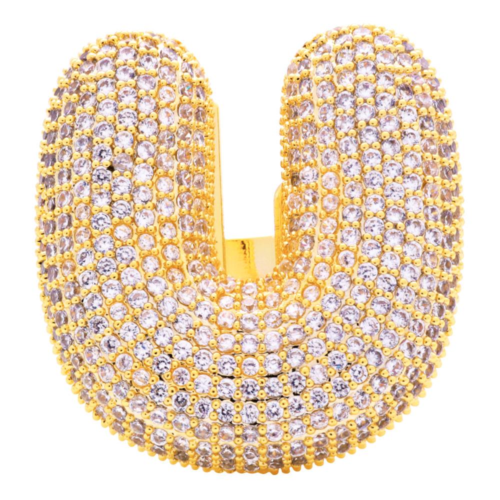 Personalized 18K Gold Plated Iced Diamond A-Z Bubble Letter Finger Rings Band Mens Womens CZ Open Cuff Ring Hip Hop Jewelry Gift for Couples