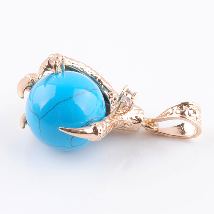 WOJIAER Natural Blue Turquoise Gem Stones Round Bead Pendant & Necklace Dragon Claw Gold Jewelry Chain 18 inches N3097