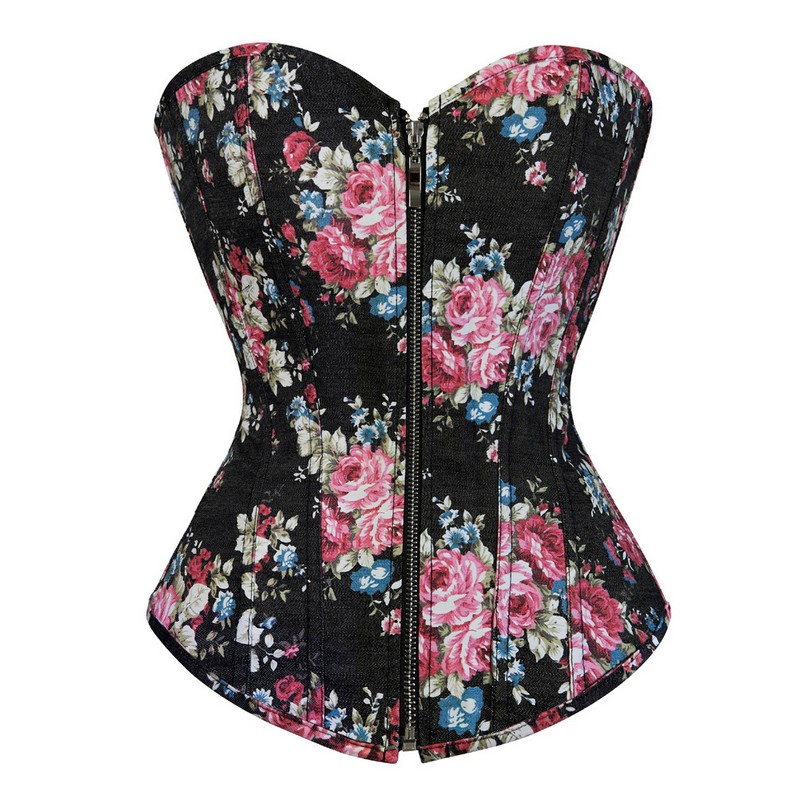 Brocade Denim Floral Padded Corset Women Sexy Cowboy Lace-up Mix Styles S-XXL Multicolor Fashion Zipper Overbust Bustier