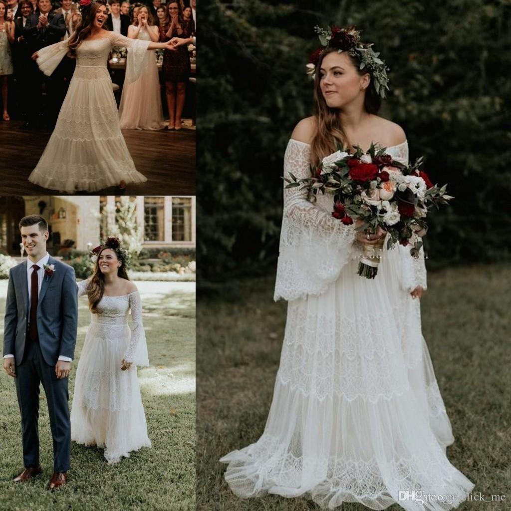 2020 Plus Size Bohemian Full Lace Wedding Dresses Off The Shoulder Long Sleeves Beach Wedding Dress Boho Bridal Gowns