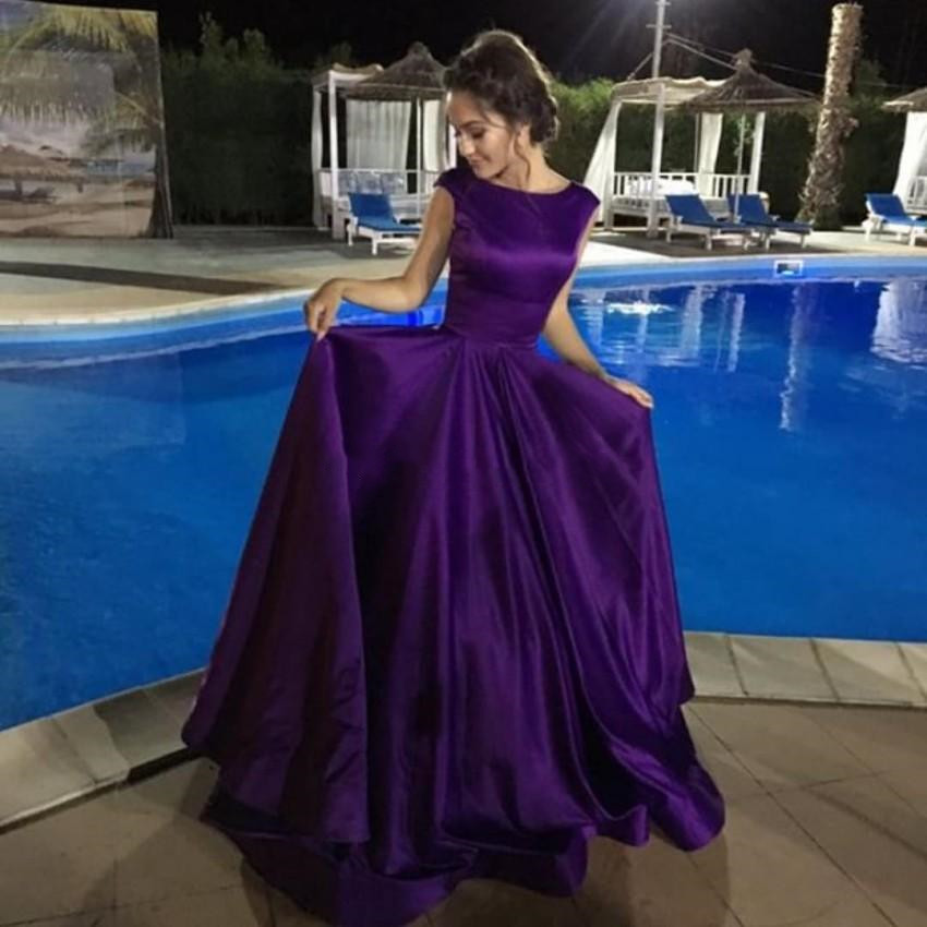 Regency Purple Satin Ball Gown Prom Dresses Scoop Cap Sleeves Simple Backless Formal Gowns Special Occasion vestidos de novia