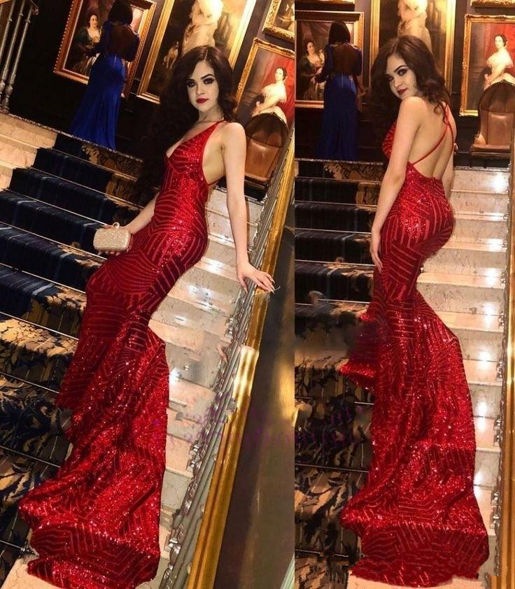 Full Sequins Red Evening Dresses 2019 Sexy Deep V Neck Crisscross Back Mermaid Prom Gowns Long Train Party Dress