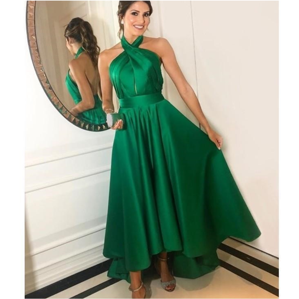 2020 Sleeveless Pleated Satin Sexy Backless Ankle Length Prom Party Formal Gowns Elegant Hunter Halter A-line Hi-Lo Evening Dresses