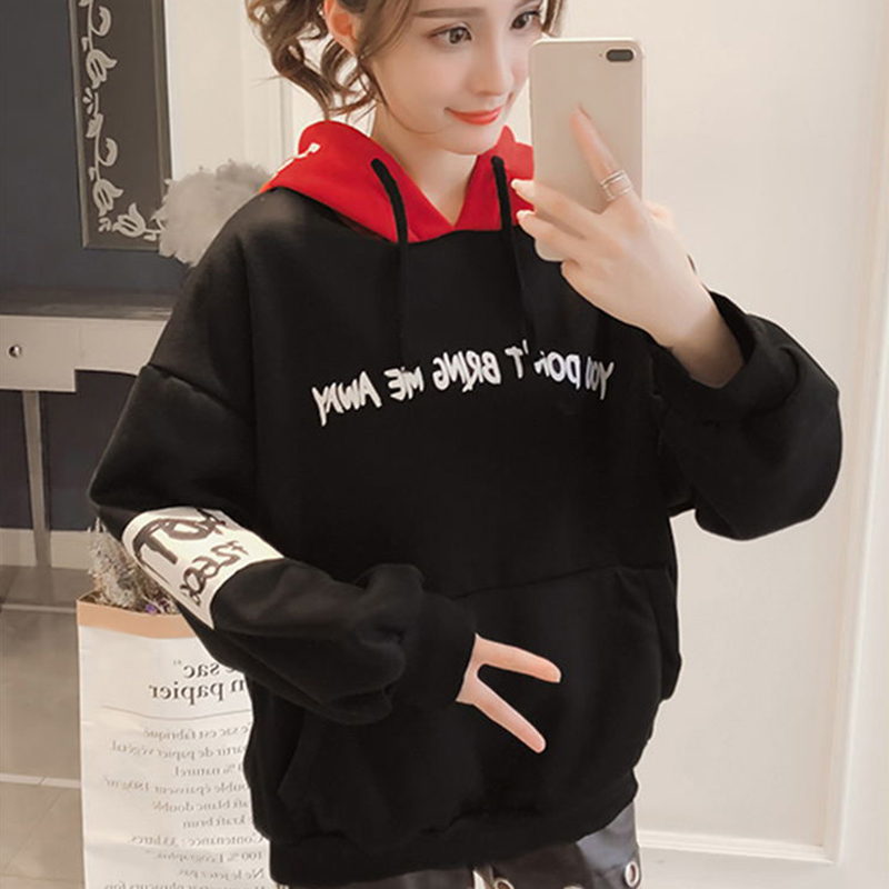 Harajuku Hooded Letter Print Women's Sweatshirt Black Red Patchwork Hoodies Women 2019 Spring Contrast Color Loose Hoody Female T200407