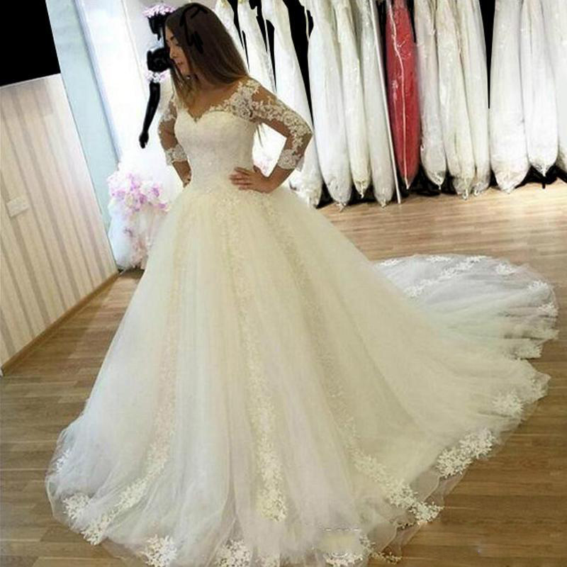 Pearls Puffy Wedding Dresses Princess Bridal Ball Gowns Beading Long Sleeves Lace Appliques Wedding Gowns Petites Plus Size Custom Made