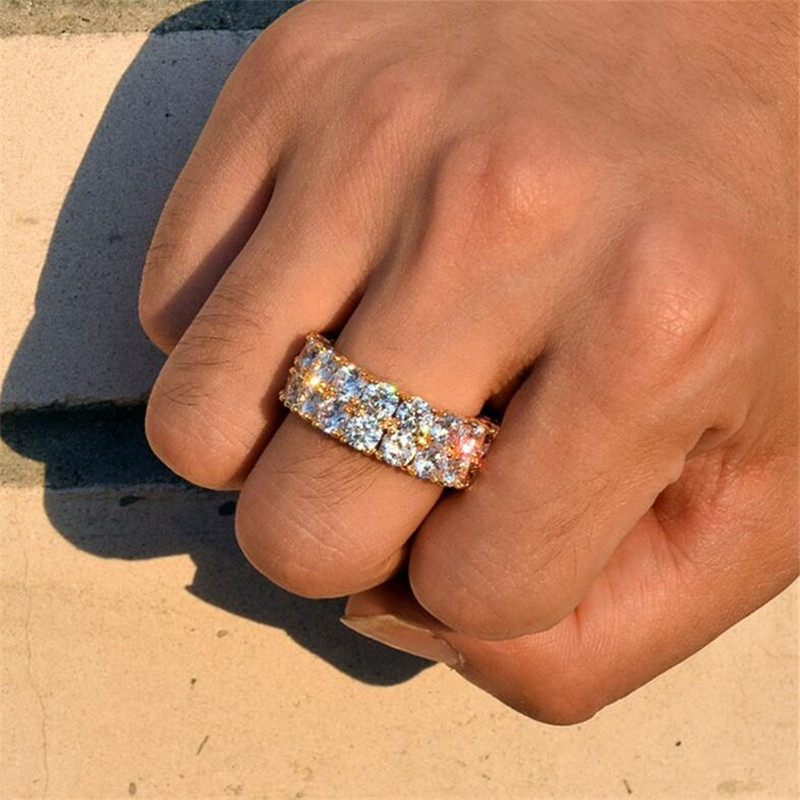 Hip Hop Vintage Sterg Sier & Gold Double Rows Topaz CZ Dia Gemstones Women's Wedding Band Ring (Size 8-13)