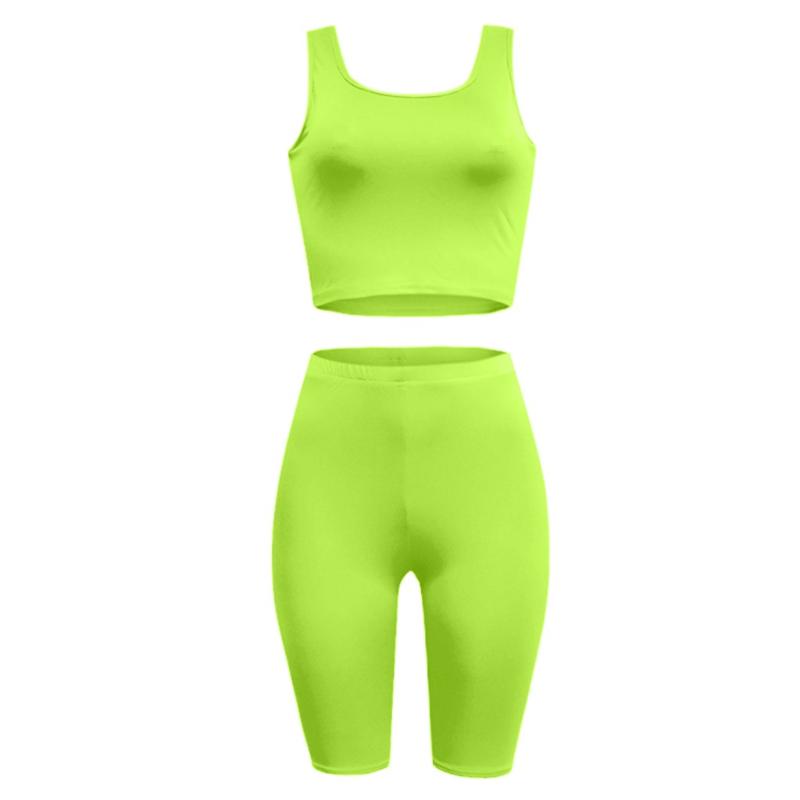 Solid Biker Shorts Tracksuit Women Sleeveless Tank Top Women Sports Suit Elastic Waist Knee Length Pants Two Piece Set