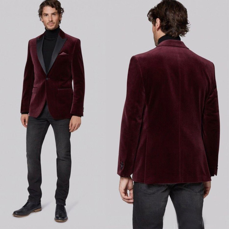 Burgundy Mens Designer Jackets Velvet Peaked Lapel Groom Formal Wear Prom Tuxedos Best Man Blazer Suit Only One Piece