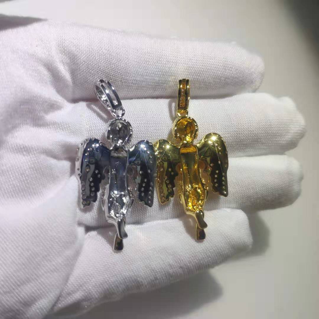 Hip Hop Prayer Angel Pendant Necklace Shining Full Diamond Stone Stainless Steel Bling Charm Pendants Jewelry