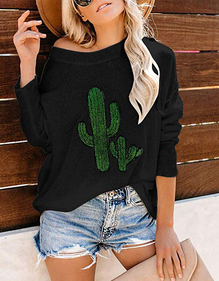 2019 European and American cactus burst models embroidered long-sleeved round neck sweater women' T-shirt, No.1
2019 European and American cactus burst models embroidered long-sleeved round neck sweater women' T-shirt, No.1