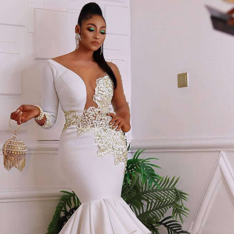 African Nigerian Mermaid Dresses Sheer Neck Gold Applique Long Sleeves Bridal Party Gowns Wedding Abendkleider 0522
