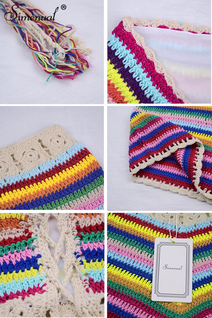 Rainbow Striped Crochet Set Women Summer Swimwear Handmade Sexy Beachwear Hot BOHO Hollow Out Bathing Suits Bandage New B3