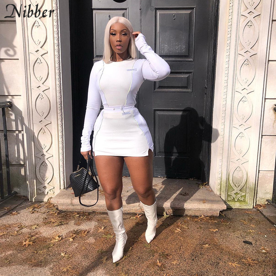 Nibber fashion Reflective patchwork sportswear 2pieces sets femme 2019new white knitting tops women tee mini shirts skirts suits V191129