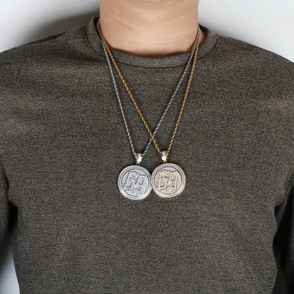 Hip Hop Number 69 Pattern Pendant Necklace Bling Cubic Zirconia Can Rotate Double Layers with Silver Gold Twist Chain