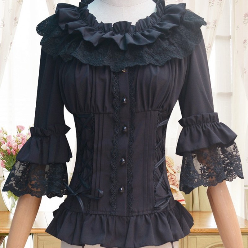 Lolita Women's Chiffon Blouse White Black Half Flare Sleeve with Ruffled Layered Collar Side Lace-up and Lace Accents S-XXL Free Shipment