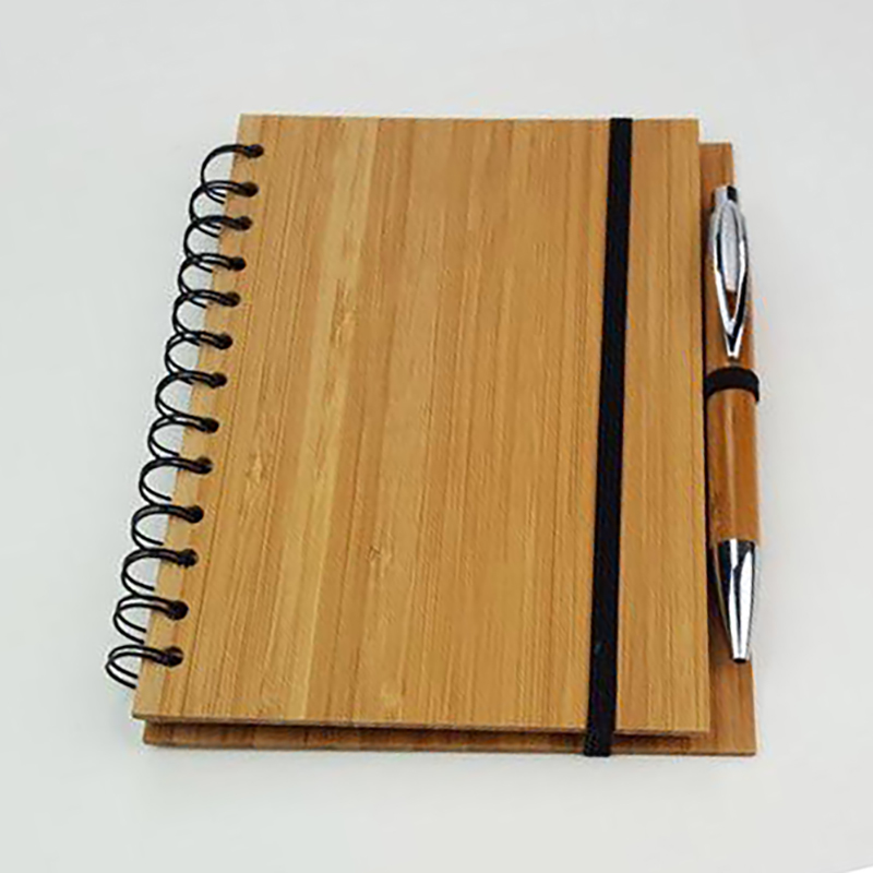 Wood Bamboo Cover Notebook Spiral Notepad With Pen 70 Sheets Recycled lined Paper