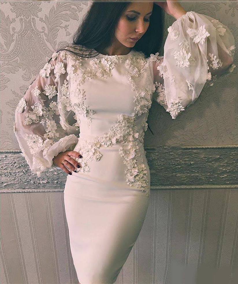 Setwell 2020 Jewel Sheath Evening Dress Long Puffy Sleeves Knee Length Appliques 3D Flowers Short Party Prom Gown