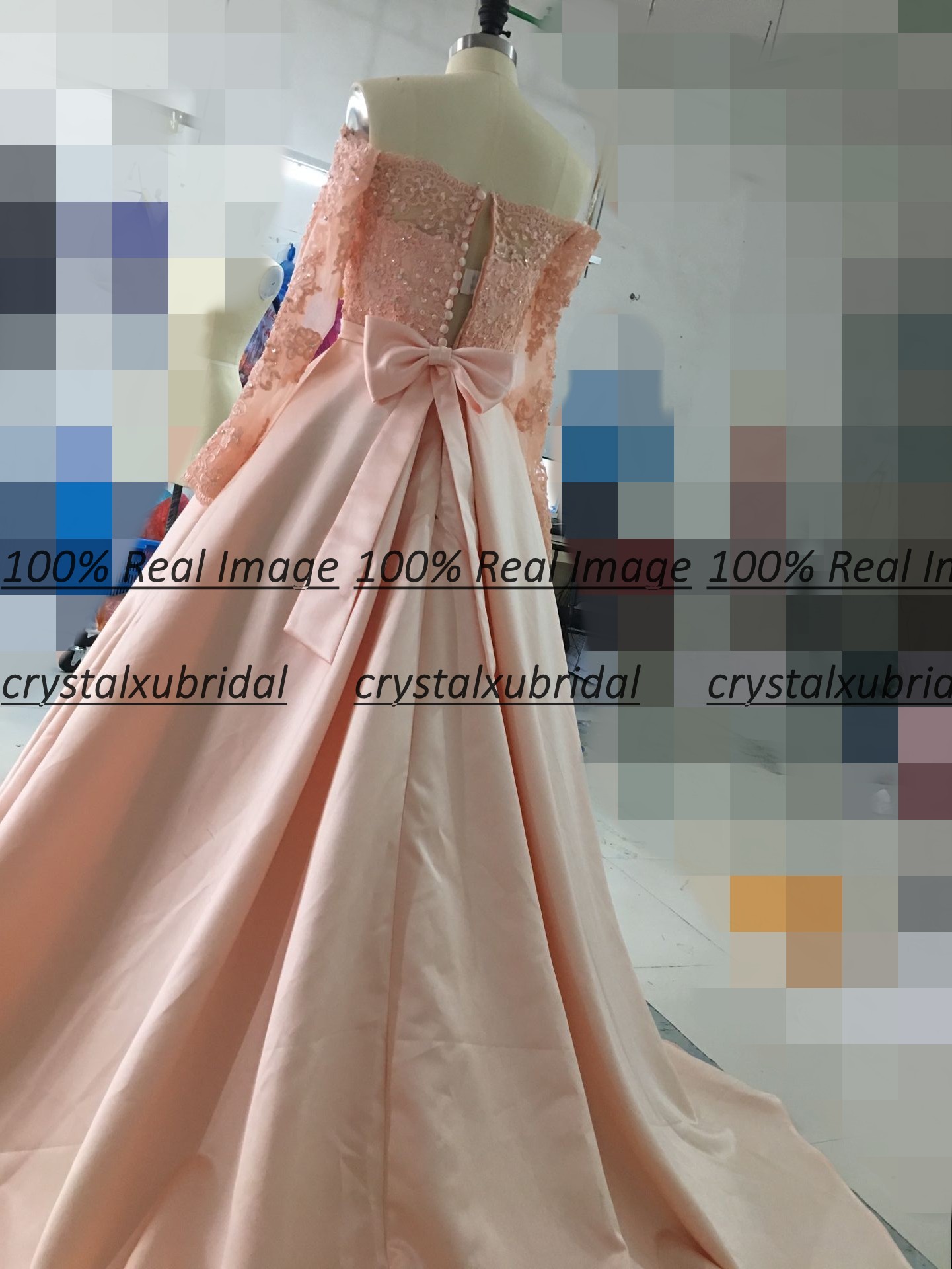 New Real Image Evening Dresses Wear Peach Off Shoulder Long Sleeves Lace Appliques Crystal Beads Sweep Train Custom Prom Party Gowns