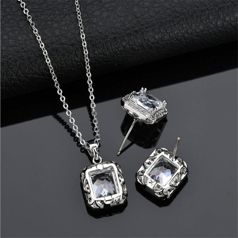Classical Jewelry Set 925 Sterling Silver Princess Cut Topaz Statement CZ Diamond Gemstones Party Women Wedding Bridal Earring Necklace Gift