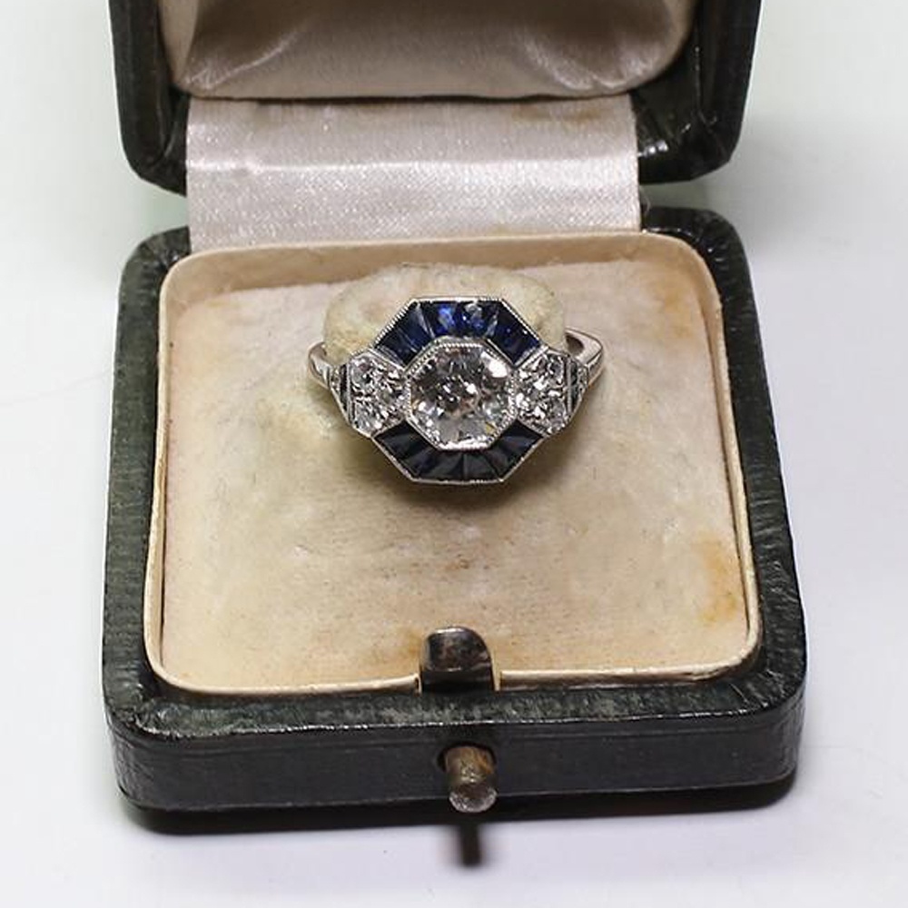 Antique Jewelry 925 Sterling Silver Diamond Sapphire Bride Wedding Engagement Art Deco Ring Size 512 - view 5
