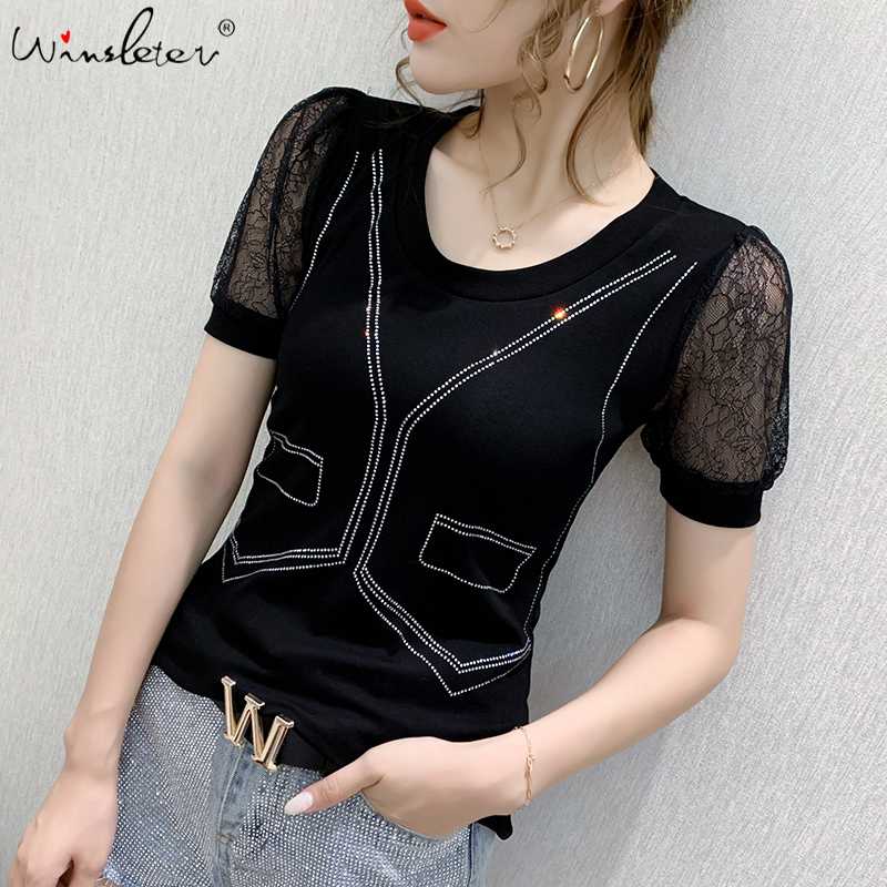 Summer Korean Clothes T-shirt Fashion Sexy Shiny Diamods Patchwork Lace Women Tops Cotton Ropa Mujer Shirt Tees 2020 New T06310, Black tshirt
Summer Korean Clothes T-shirt Fashion Sexy Shiny Diamods Patchwork Lace Women Tops Cotton Ropa Mujer Shirt Tees 2020 New T06310, Black tshirt