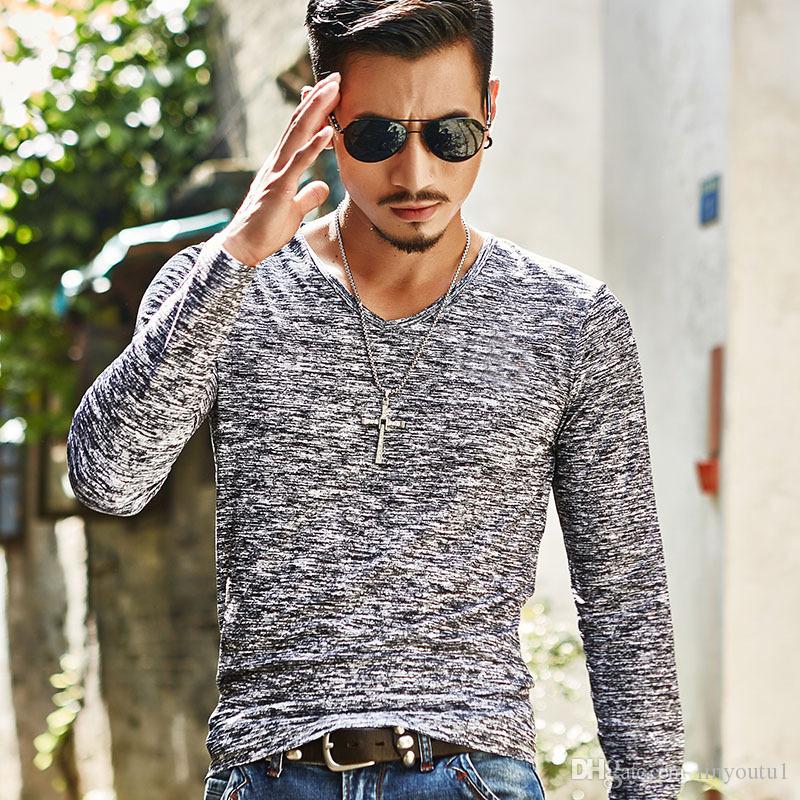 2020 Autumn Slim Streetwear V neck T Shirt Men Casual Fitness Tops&Tees Vintage Blue Long Sleeve Pullover shirt Homme Plus Size