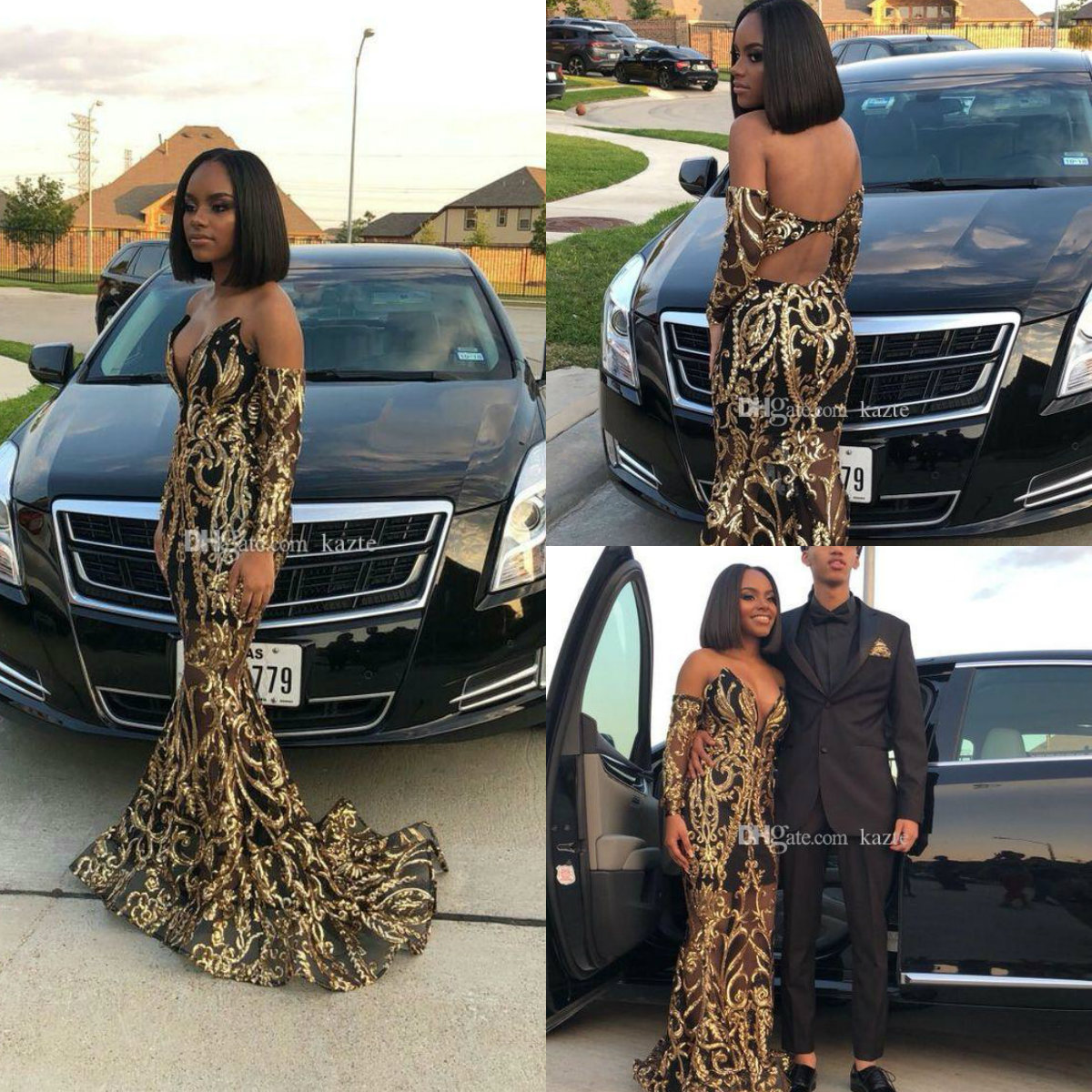 2019 Gold and Black Prom Dresses Sweetheart Sweep Train Long Sleeve Mermaid Evening Dress Appliqued Custom Made Arabic Special Occasion Gown