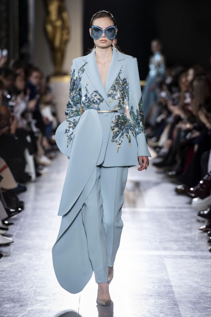 elie saab jumpsuits evening dresses light blue sequined beads v neck prom gowns satin long sleeve party dress
