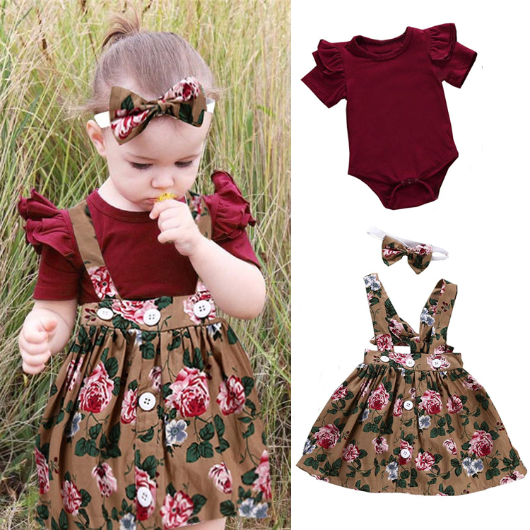 short sleeve T-shirt+strap printed dress+bows Headband 3 pcs sets Summer baby girl kids clothes Set Kids Designer Clothes Girls DHL JY342, Crimson 
short sleeve T-shirt+strap printed dress+bows Headband 3 pcs sets Summer baby girl kids clothes Set Kids Designer Clothes Girls DHL JY342, Crimson