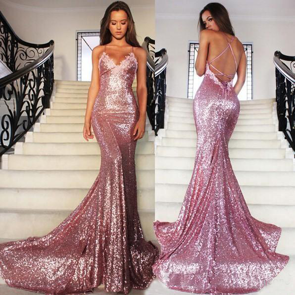 Sparkly Rose Gold Prom Dresses Mermaid Criss Cross Strap V-neck Sequined Open Back Dresses Evening Wear Red Carpet Dress Formal Gowns