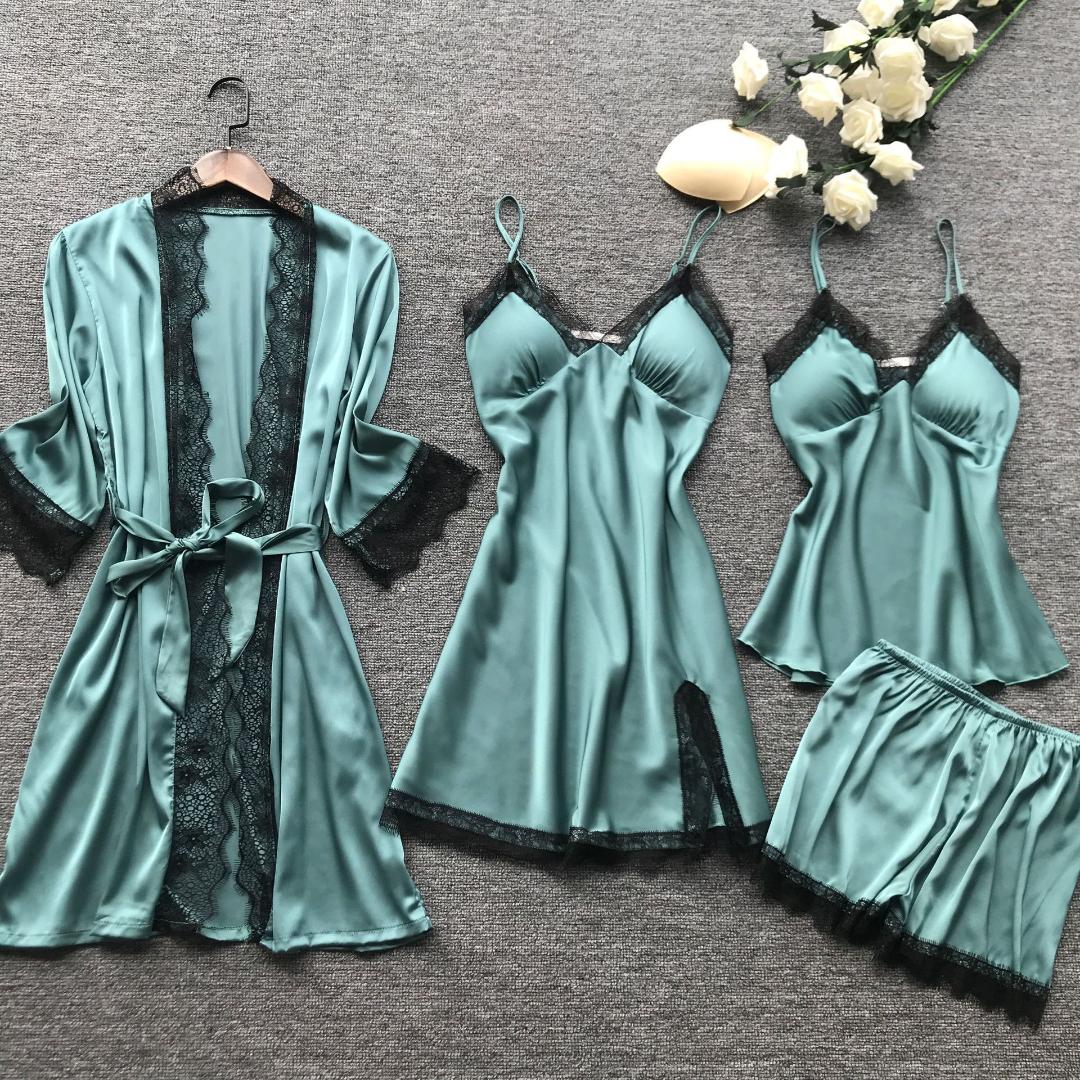 Summer Women Pajama Sets 4 Pcs Sexy Lace Pyjamas Women Satin Silk Sleepwear Elegant Pijama with Chest Pads Homewear