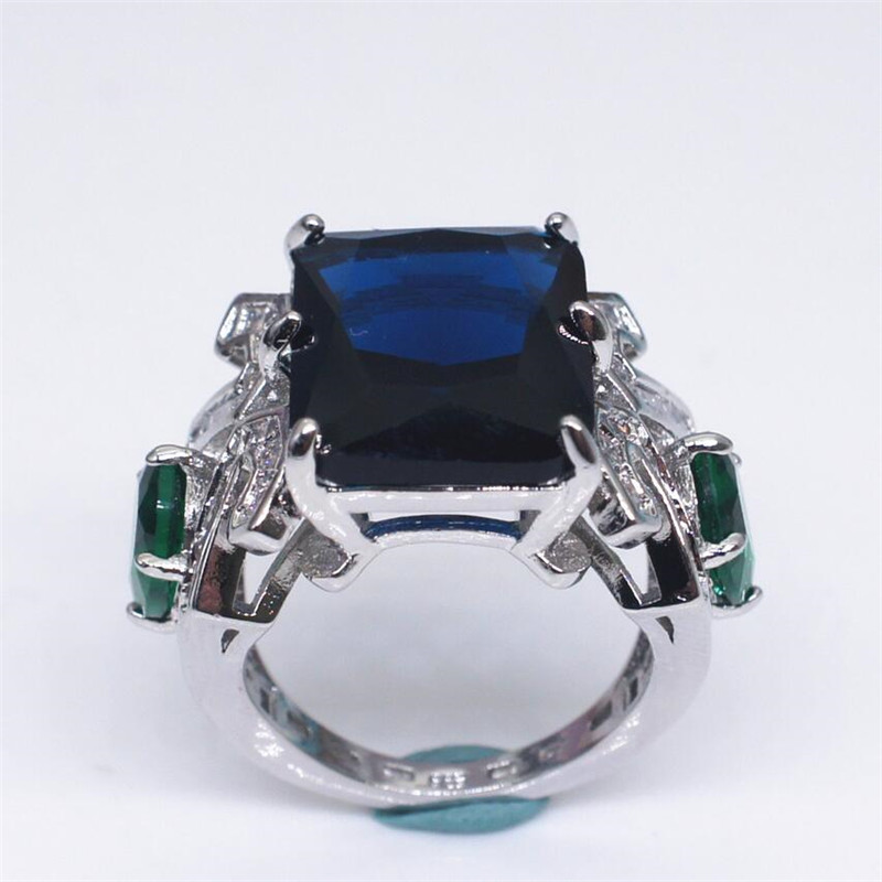 Vintage Fashion Jewelry 925 Sterling Silver Cushion Shape Blue Sapphire CZ Diamond Gemstones Water Drop Emerald Women Wedding Band Ring Gift
