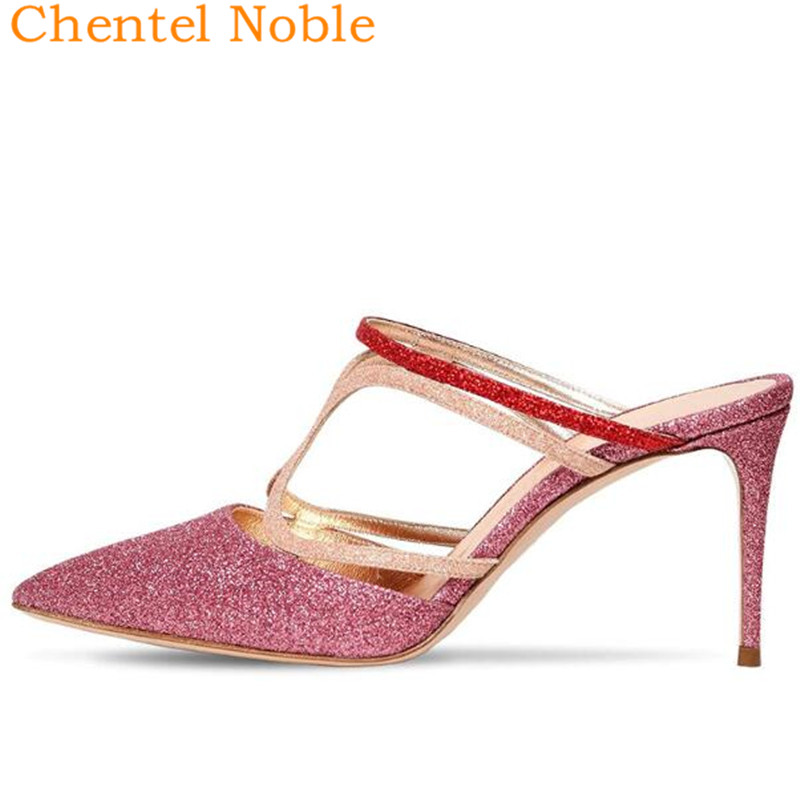 Chentel Noble Bling Sequined Leather High Heels Slippers Women Shoes Ladies Mules Pointed Toe Shoes Women Summer Two Style, As picture 
Chentel Noble Bling Sequined Leather High Heels Slippers Women Shoes Ladies Mules Pointed Toe Shoes Women Summer Two Style, As picture