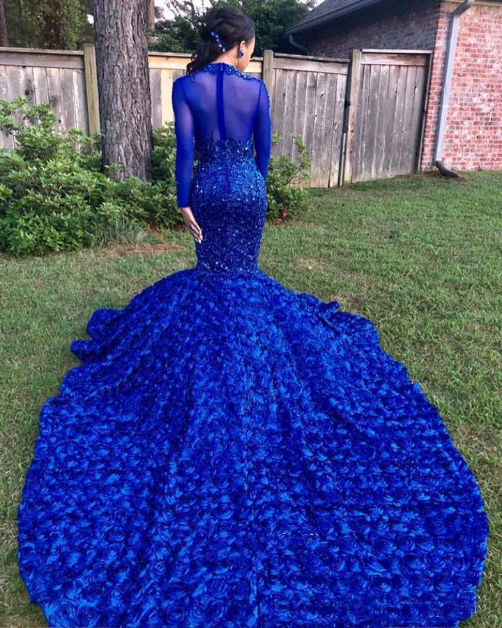 Luxuriously Royal Blue Black Girls Mermaid Prom Dresses High Neck Long Sleeves Beaded Handmade Flowers Evening Party Gowns