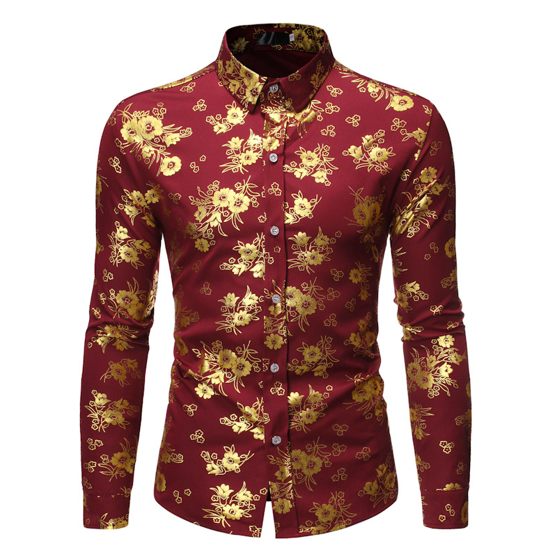 Men's Casual Shirts Fancy Flowered Gold Print Dress Shirt Men 2021 Brand Luxury Design Slim Fit Tuxedo For Club Party Disco