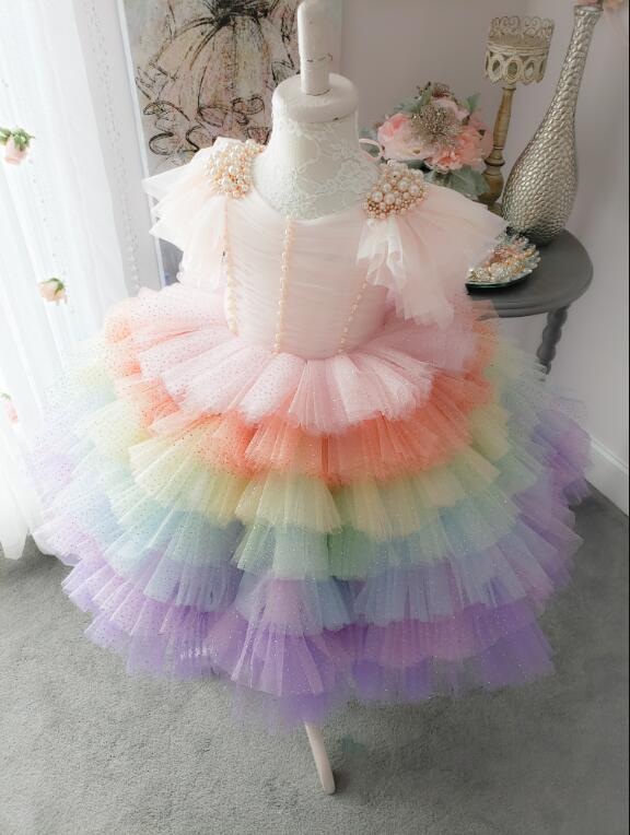 2020 Rainbow Flower Girl Dresses Ruffled Lace Tiered Pearl Glitter Girl Pageant Gowns Custom Made First Communion Dress