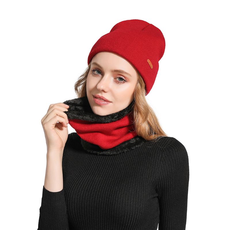 

Adult Kids Slouchy Knitted Beanie Hat Scarf Set Cuffed Solid Color Slouchy Ski Cap Winter Thicken Plush Lined Circle Neck Warmer