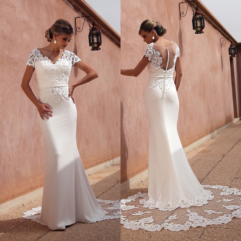 2020 Elegant Mermaid Wedding Dresses Short Sleeve Covered Button Appliques Satin Wedding Gowns Sweep Train Vestidos De Novia, Water melon
2020 Elegant Mermaid Wedding Dresses Short Sleeve Covered Button Appliques Satin Wedding Gowns Sweep Train Vestidos De Novia, Water melon