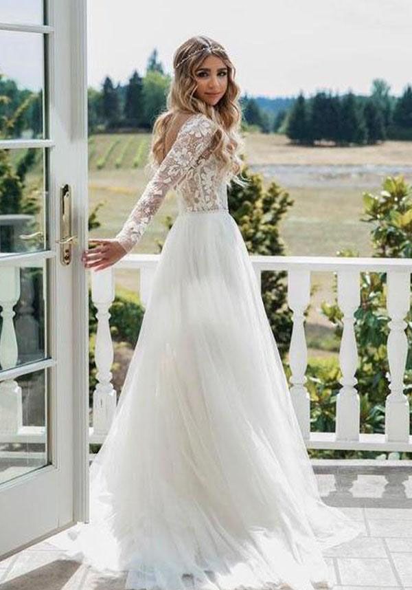 Boho Long Sleeves Wedding Dress A Line Lace Tulle Bohemian Beach Country Garden Church Formal Bridal Gown Custom Made Plus Size