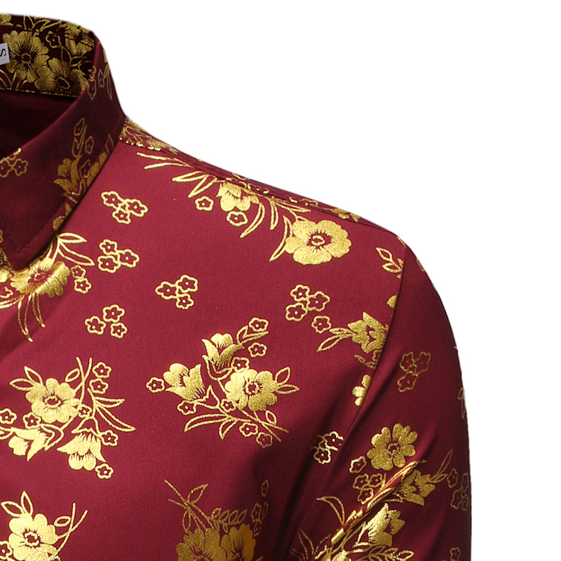Men's Casual Shirts Fancy Flowered Gold Print Dress Shirt Men 2021 Brand Luxury Design Slim Fit Tuxedo For Club Party Disco