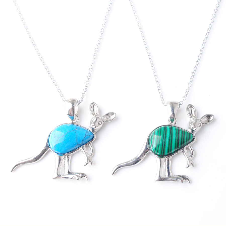 WOJIAER New Cute Animal Kangaroo Pendant Necklaces Water Drop Natural Stone Pink Quartz Crystal Fashion Jewelry for Women Girls BE907