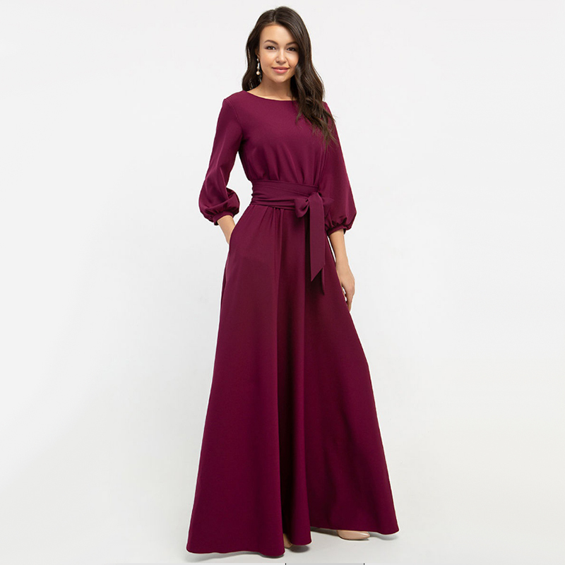 Women Elegant Party Dress Lantern Sleeve o Neck Sashes Solid Dress 2019 Women Autumn Maxi Long Party Dress T200415