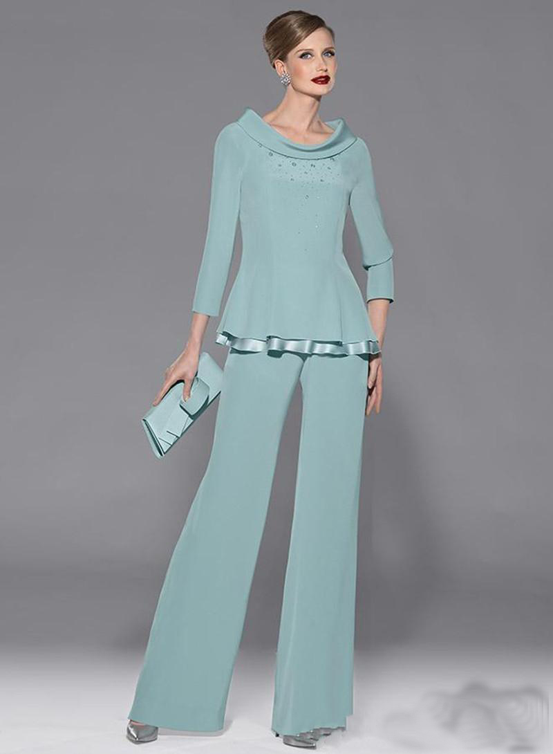 Women's 2 Pieces Formal Chiffon Mother of Groom Dress Pant Suits Long Sleeves for Wedding Groom