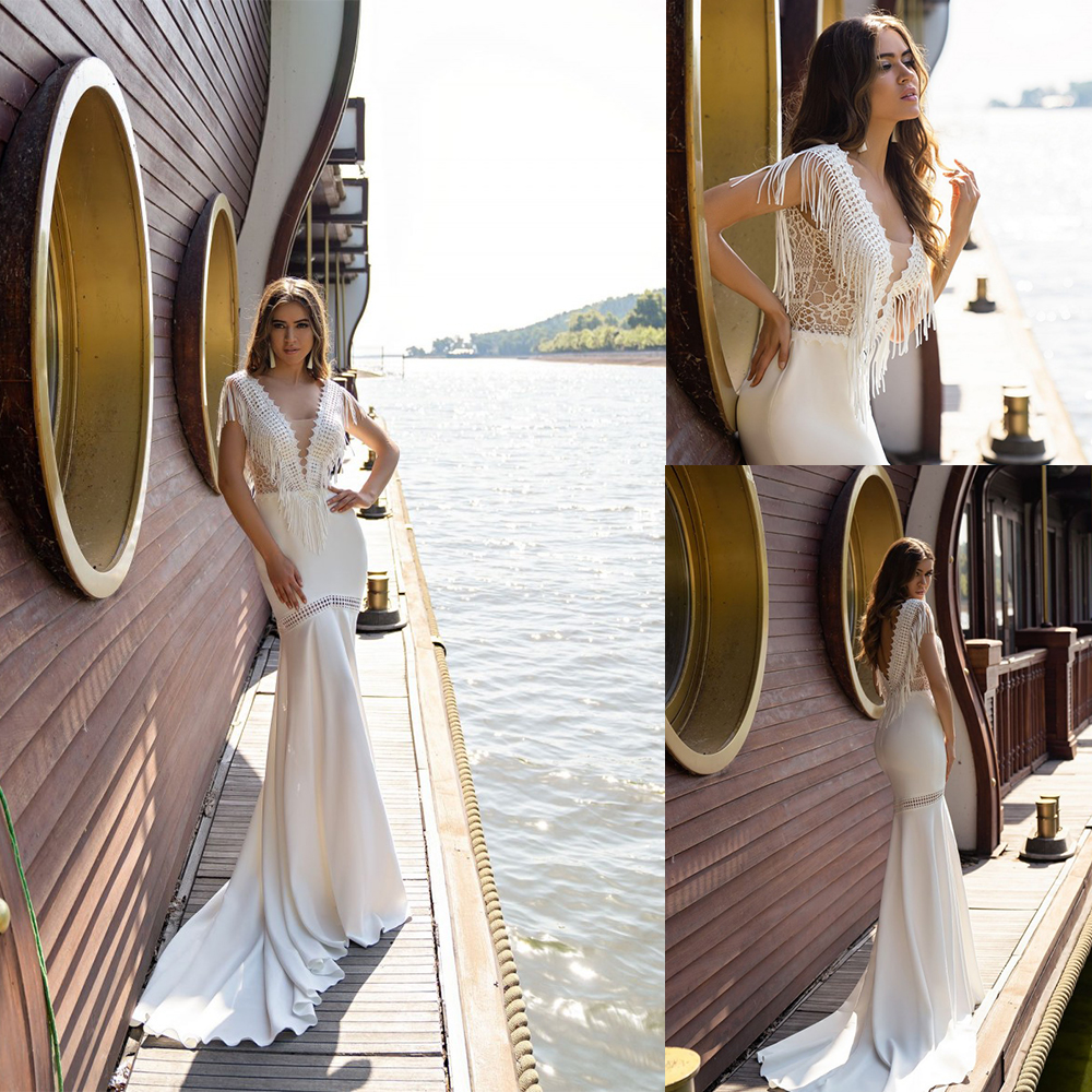 Silviamo Mermaid Wedding Dresses V Neck Backless Tassel Appliques Chiffon Bridal Gowns Sweep Train Robes De Mariée, Dark green
Silviamo Mermaid Wedding Dresses V Neck Backless Tassel Appliques Chiffon Bridal Gowns Sweep Train Robes De Mariée, Dark green