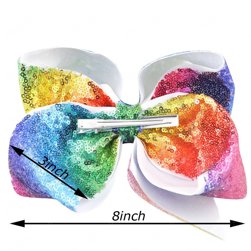 8 inch Women Rainbow Large Hair Bow Sequins Ribbon With Alligator Clip Children Headwear Bowknot Girls Hair Accessories