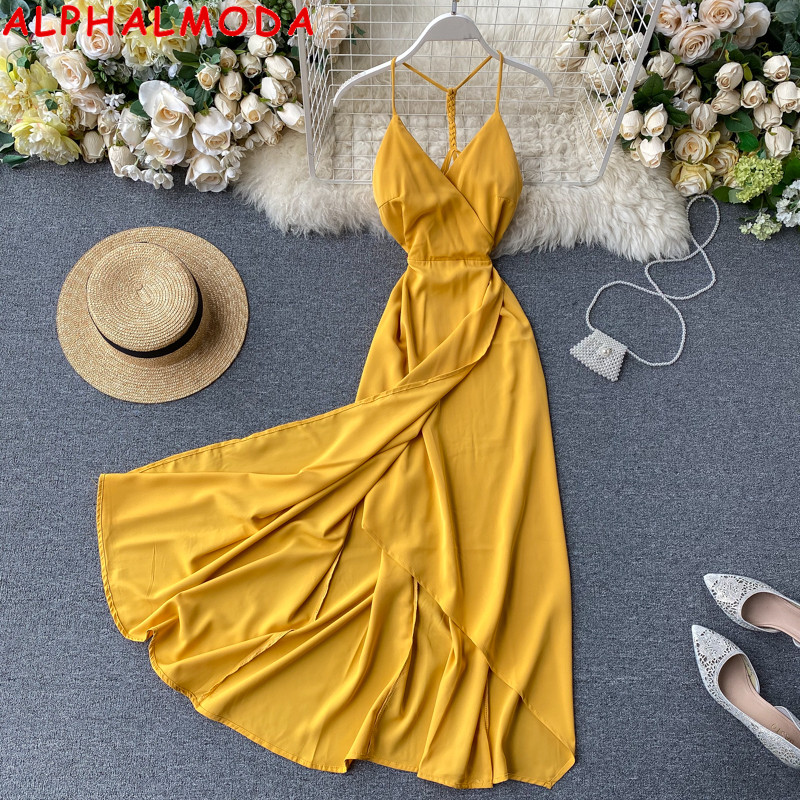 ALPHALMODA 2020 Summer Women Fashion Beach Dress V Neck Backless High Waist Irregular Sling Dress Solid Chiffon Mid-calf, Black
ALPHALMODA 2020 Summer Women Fashion Beach Dress V Neck Backless High Waist Irregular Sling Dress Solid Chiffon Mid-calf, Black