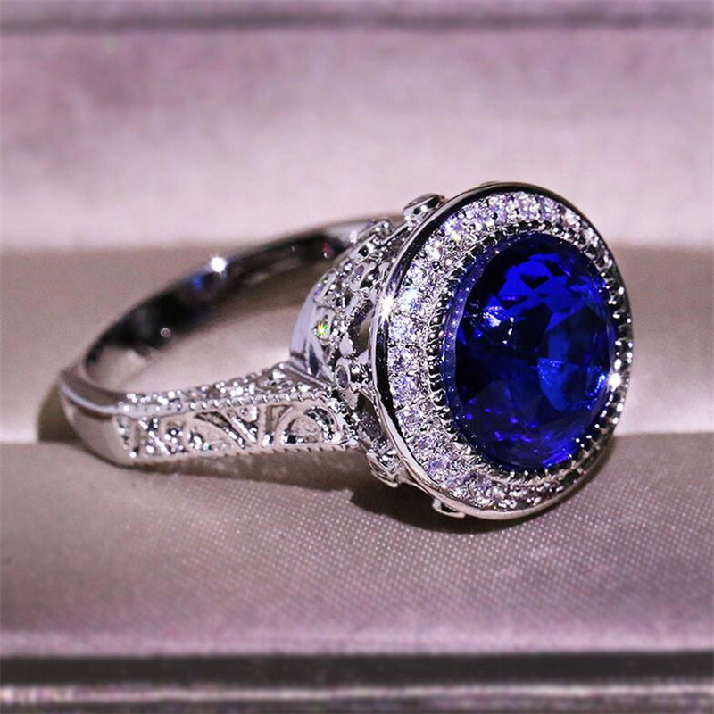 2020 New Top Selling Vintage Fashion Jewelry 925 Sterling Silver Round Cut Blue Sapphire CZ Diamond Promise Women Wedding Crown Band Ring