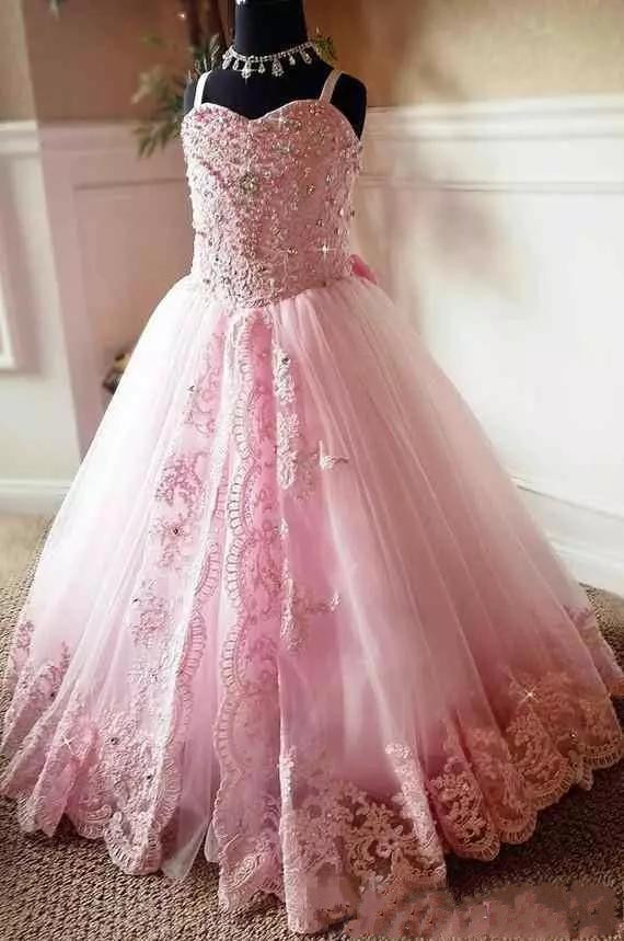 2019 Beaded Pink Lace Appliques Long Flower Girl Dresses Spaghetti Straps Custom Bow Kids First Communion Pageant Party Gowns